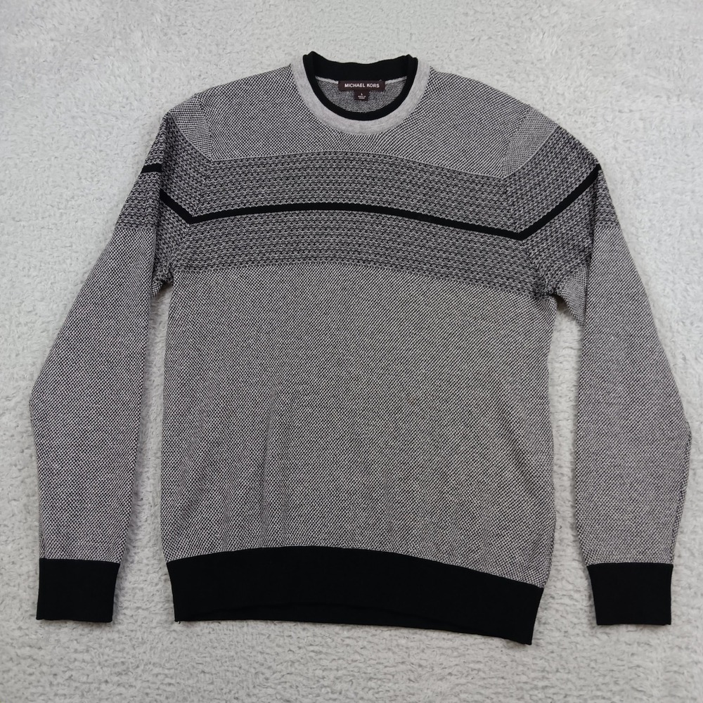 Michael Kors Sweater Mens L Black Grey Textured Knit Crew Neck Pullover